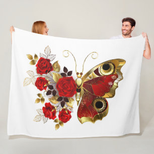 Schmetterling mit roter Blume und rote Rosen Fleecedecke