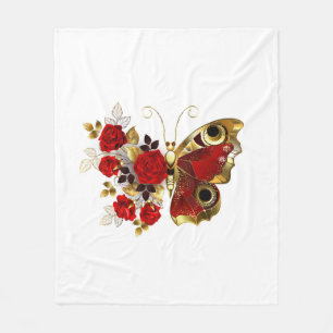 Schmetterling mit roter Blume und rote Rosen Fleecedecke