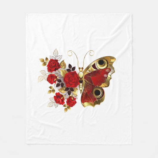 Schmetterling mit roter Blume und rote Rosen Fleecedecke (Vorderseite)