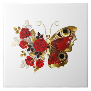 Schmetterling mit roter Blume und rote Rosen Fliese