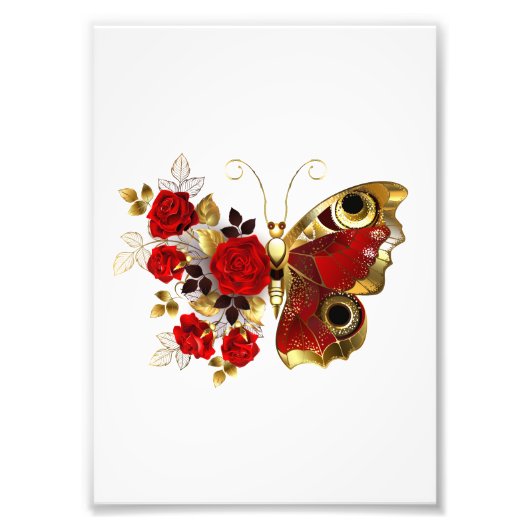 Schmetterling mit roter Blume und rote Rosen Fotodruck (Vorne)