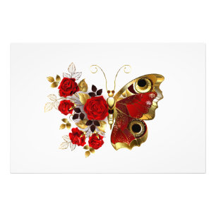 Schmetterling mit roter Blume und rote Rosen Fotodruck