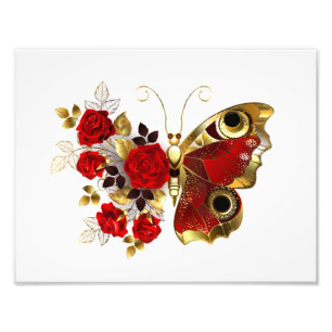 Schmetterling mit roter Blume und rote Rosen Fotodruck