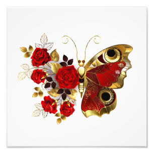 Schmetterling mit roter Blume und rote Rosen Fotodruck