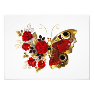Schmetterling mit roter Blume und rote Rosen Fotodruck