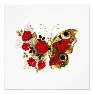 Schmetterling mit roter Blume und rote Rosen Fotodruck