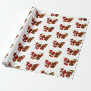 Schmetterling mit roter Blume und rote Rosen Geschenkpapier