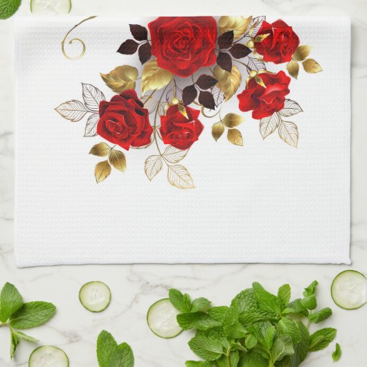 Schmetterling mit roter Blume und rote Rosen Geschirrtuch (Gefaltet)