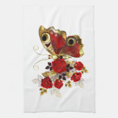 Schmetterling mit roter Blume und rote Rosen Geschirrtuch (Vertikal)