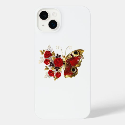 Schmetterling mit roter Blume und rote Rosen iPhone Hülle (Rückseite)