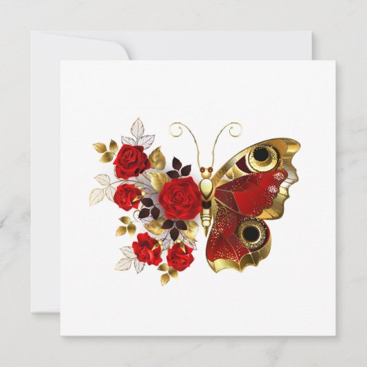 Schmetterling mit roter Blume und rote Rosen Karte (Vorderseite)