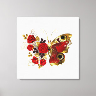 Schmetterling mit roter Blume und rote Rosen Leinwanddruck