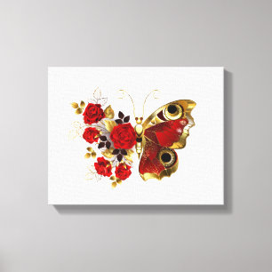 Schmetterling mit roter Blume und rote Rosen Leinwanddruck