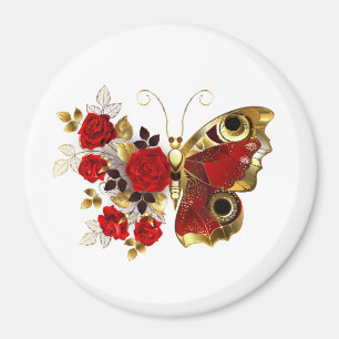 Schmetterling mit roter Blume und rote Rosen Magnet