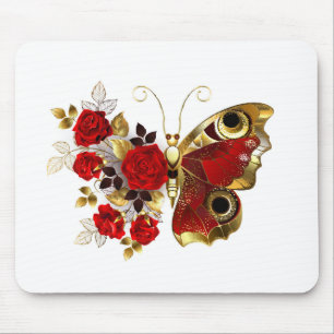 Schmetterling mit roter Blume und rote Rosen Mousepad