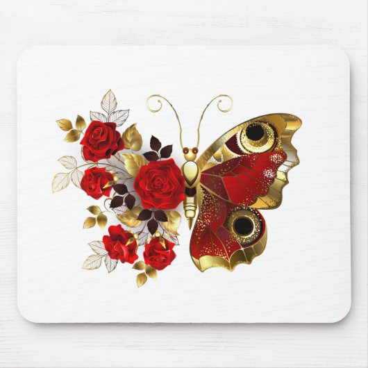 Schmetterling mit roter Blume und rote Rosen Mousepad (Vorne)