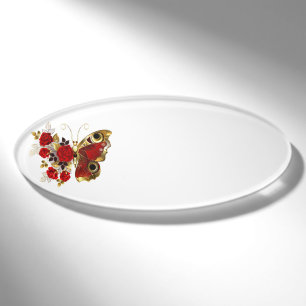 Schmetterling mit roter Blume und rote Rosen Namenschild