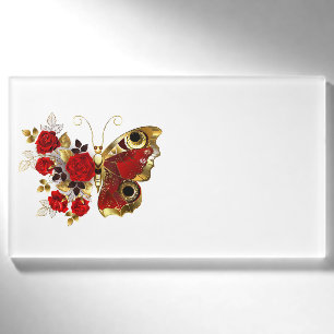Schmetterling mit roter Blume und rote Rosen Namenschild
