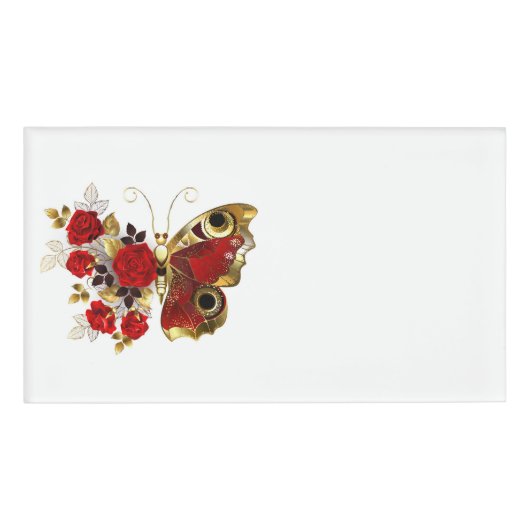 Schmetterling mit roter Blume und rote Rosen Namenschild (Vorderseite)