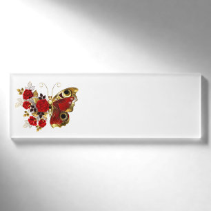 Schmetterling mit roter Blume und rote Rosen Namenschild