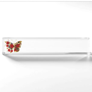Schmetterling mit roter Blume und rote Rosen Namensplakette
