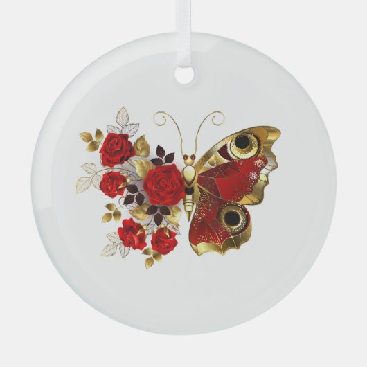 Schmetterling mit roter Blume und rote Rosen Ornament Aus Glas (Vorderseite)