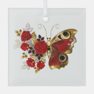 Schmetterling mit roter Blume und rote Rosen Ornament Aus Glas