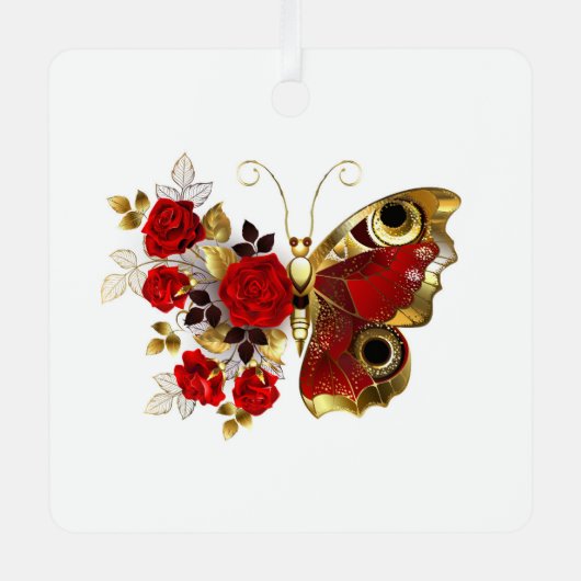 Schmetterling mit roter Blume und rote Rosen Ornament Aus Metall (Vorderseite)