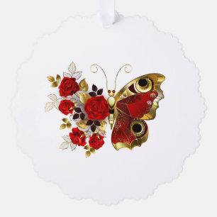 Schmetterling mit roter Blume und rote Rosen Ornament Karte