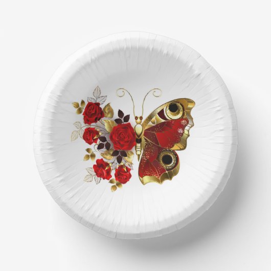 Schmetterling mit roter Blume und rote Rosen Pappteller (Vorderseite)