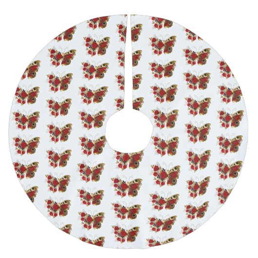 Schmetterling mit roter Blume und rote Rosen Polyester Weihnachtsbaumdecke (Vorderseite)