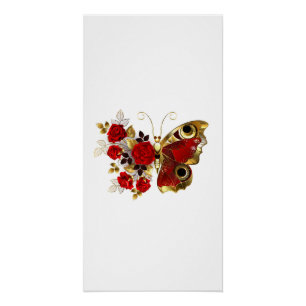 Schmetterling mit roter Blume und rote Rosen Poster