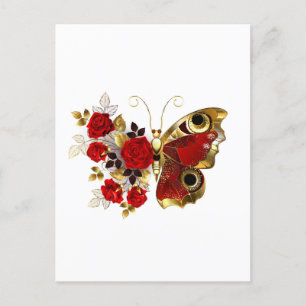 Schmetterling mit roter Blume und rote Rosen Postkarte