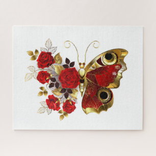 Schmetterling mit roter Blume und rote Rosen Puzzle
