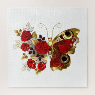 Schmetterling mit roter Blume und rote Rosen Puzzle