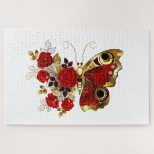 Schmetterling mit roter Blume und rote Rosen Puzzle