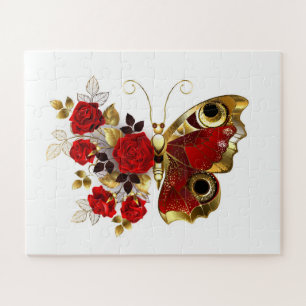 Schmetterling mit roter Blume und rote Rosen Puzzle
