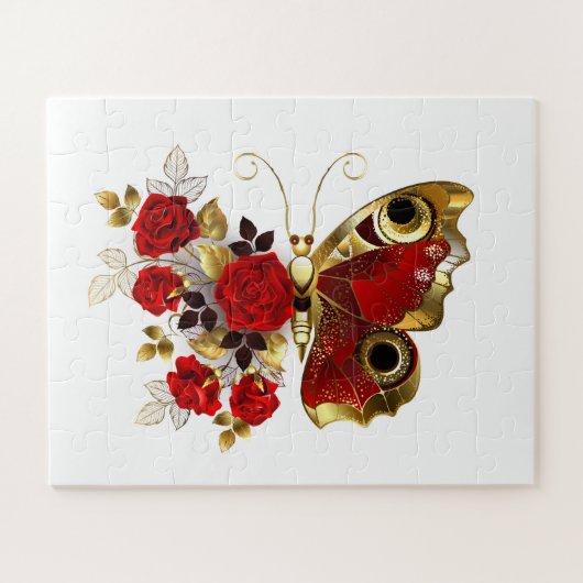 Schmetterling mit roter Blume und rote Rosen Puzzle (Horizontal)