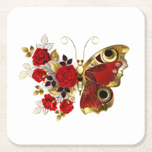 Schmetterling mit roter Blume und rote Rosen Rechteckiger Pappuntersetzer