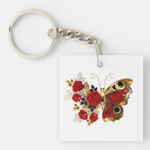Schmetterling mit roter Blume und rote Rosen Schlüsselanhänger