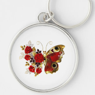 Schmetterling mit roter Blume und rote Rosen Schlüsselanhänger