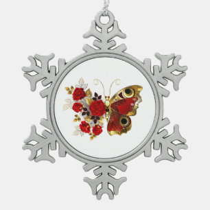 Schmetterling mit roter Blume und rote Rosen Schneeflocken Zinn-Ornament