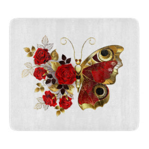 Schmetterling mit roter Blume und rote Rosen Schneidebrett