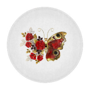 Schmetterling mit roter Blume und rote Rosen Schneidebrett