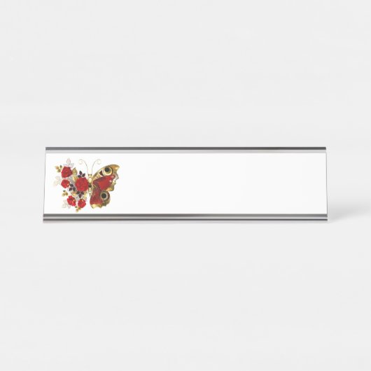 Schmetterling mit roter Blume und rote Rosen Schreibtischnamensplakette (Vorderseite )