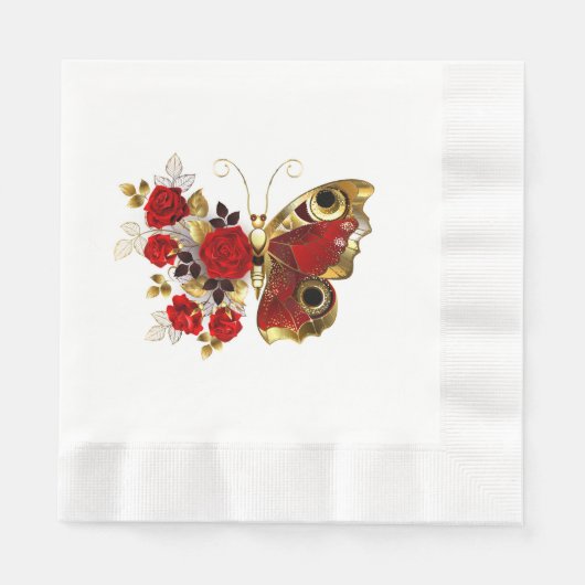 Schmetterling mit roter Blume und rote Rosen Serviette (Vorderseite)