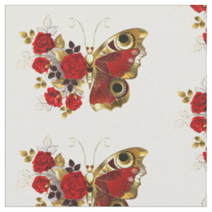 Schmetterling mit roter Blume und rote Rosen Stoff