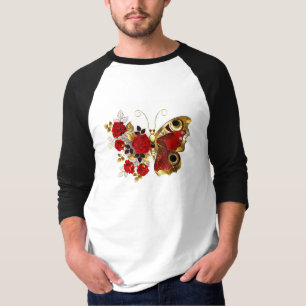 Schmetterling mit roter Blume und rote Rosen T-Shirt