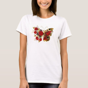 Schmetterling mit roter Blume und rote Rosen T-Shirt