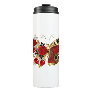 Schmetterling mit roter Blume und rote Rosen Thermosbecher